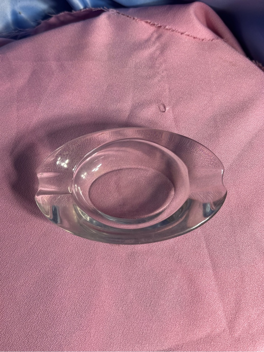 Vintage MCM Clear Glass Oval Ashtray Heavy Thick Glass Double Cigarette Rest